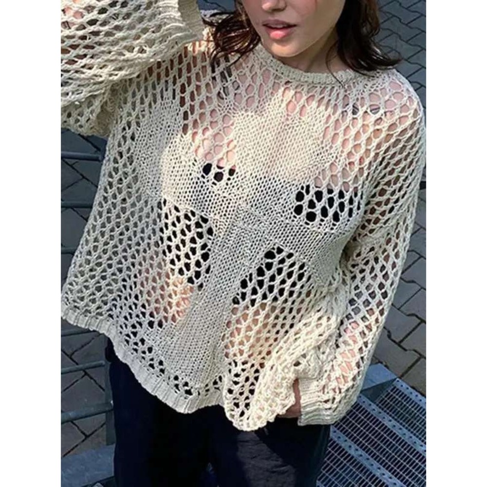 Boho Open Knit Crochet Sweater Cross Detail Cream Coastal Festival Top